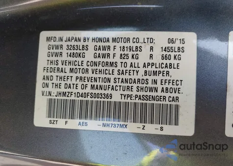 2015 Honda Cr-Z from USA, damaged, VIN JHMZF1D40FS003369